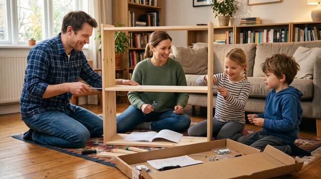 Family assembling flat pack furniture together in living room with children helping