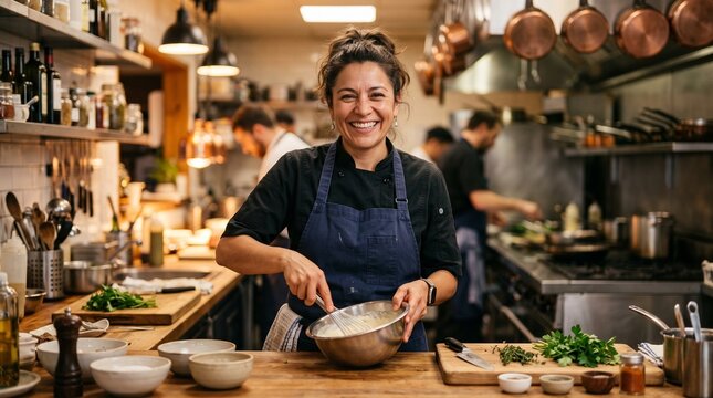 Smiling female chef whisking ingredients in a professional kitchen