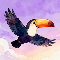 Fototapeta premium Cute Cartoon Toucan Flying Against Pastel Sky Background