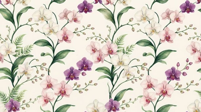 Seamless pattern with watercolor orchids and green leaves on a light background