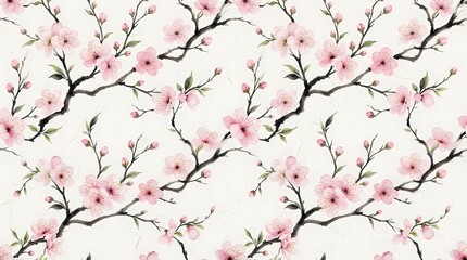 Fototapeta premium Seamless pattern with pink cherry blossom flowers on white background for textile design