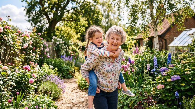 Grandmother giving granddaughter a piggyback ride in a lush garden