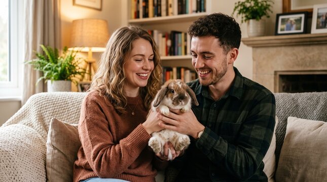 Happy couple holding a cute lop eared rabbit at home on the sofa