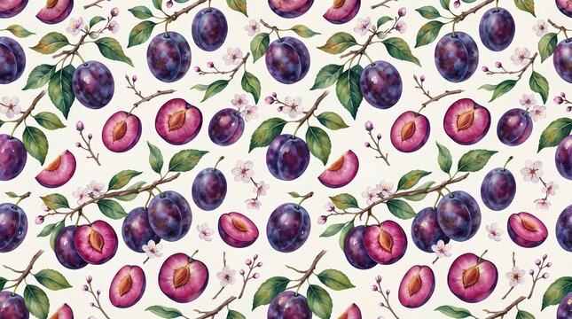 Seamless pattern of watercolor plums and white flowers on a light background