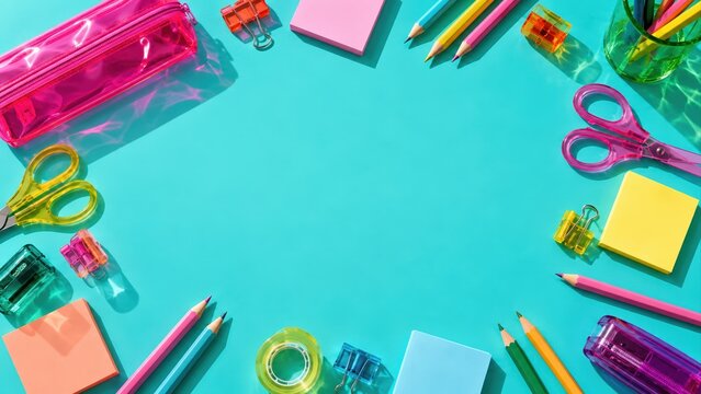 Colorful school and office supplies including pencils, scissors, sticky notes, clips, tape and pencil cases arranged around a turquoise background with large central copy space for text