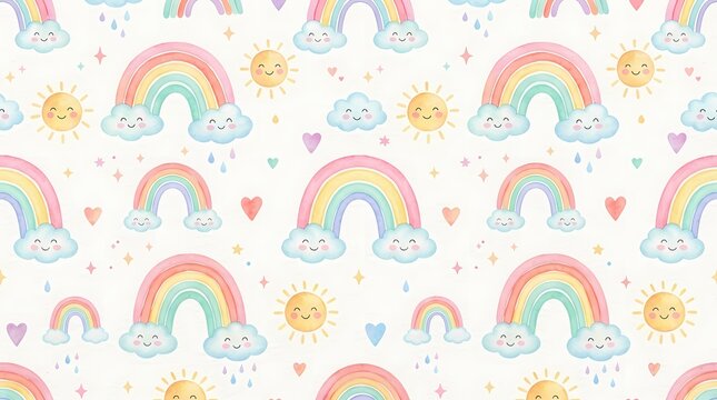 Seamless pattern with cute watercolor rainbows, smiling suns and clouds for nursery decor