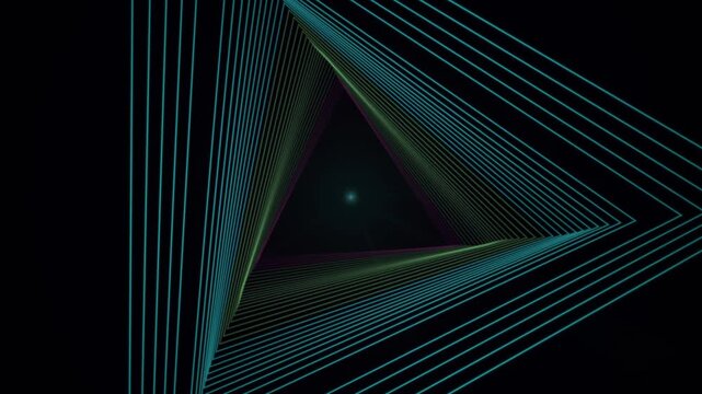 Geometric neon lines converge into a deep triangular tunnel with glowing edges on a black background.