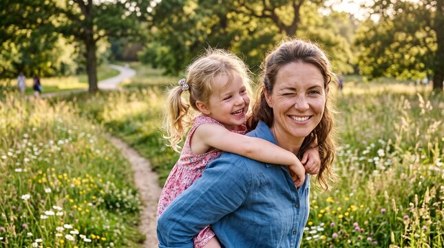 Mother giving daughter piggyback ride in sunny park with wildflowers and trees