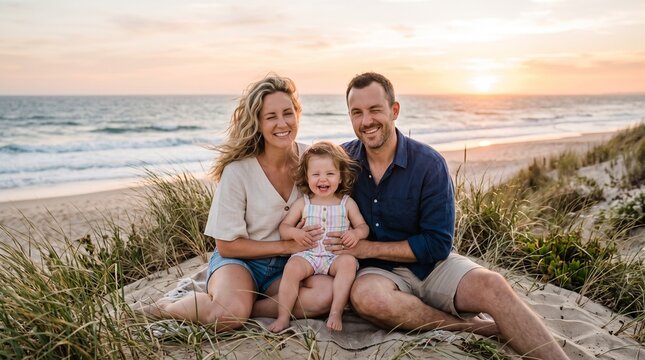 Happy family enjoying a sunset beach portrait session with their young daughter