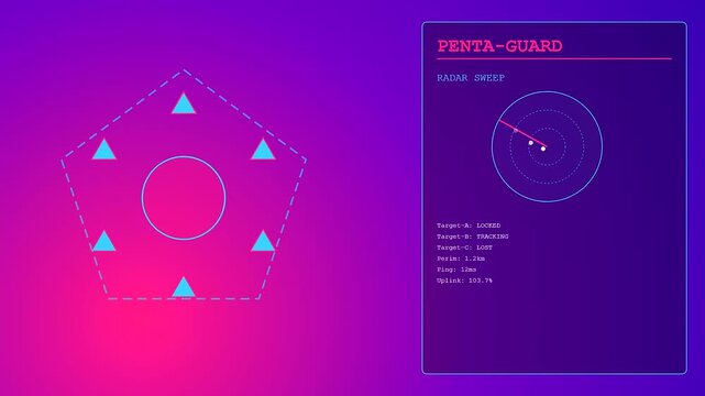a glowing geofence perimeter display with rotating radar scanning motion showing tracking dots inside a digital pentagon shape against a vibrant purple and pink gradient