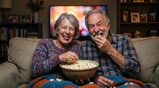 Joyful elderly couple laughing and eating popcorn while watching TV at home