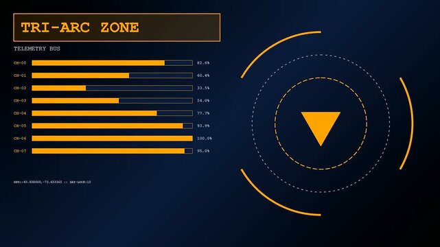 A digital geofence perimeter monitoring system displays shifting telemetry data bars on a blue interface that tracks changing signal inputs across three distinct animation cycles