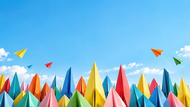Colorful origami paper planes point upward beneath a bright blue sky with white clouds, with several planes flying above and large open copy space across the upper background for text