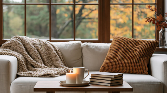 Cozy autumn interior background designed for video calls, warm natural light, soft sofa, knitted textiles, candles and subtle seasonal decorations, fall home office, virtual