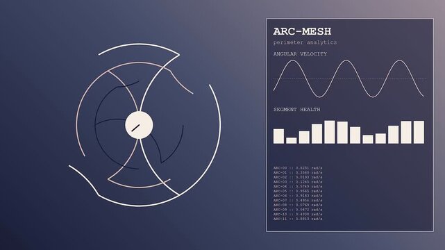 A circular geofence perimeter animation displays moving line arcs while fluctuating data points update in real time across three synchronized digital interface monitoring screens on display