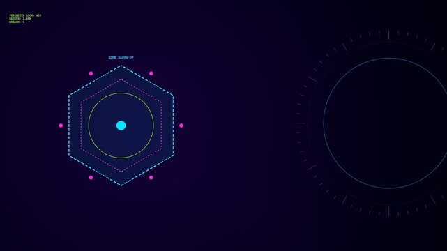 A circular geofence perimeter animation showing digital tracking nodes pulsating within a geometric hexagon shape on a dark blue screen for monitoring and data interface systems