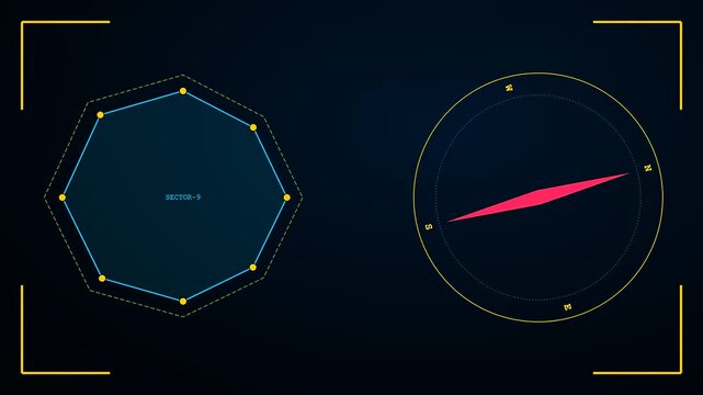 A digital geofence perimeter rotates across three panels displaying geometric navigation shapes with cardinal direction markers over a dark void during a simulated surveillance monitoring sequence