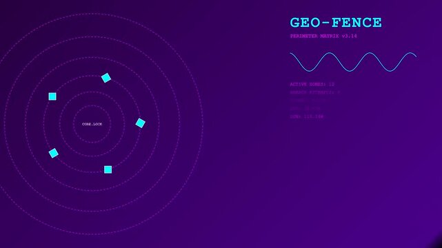 A digital geofence perimeter display showing circular motion patterns on a dark purple screen with abstract light waves flickering in the top corner of motion