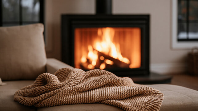Dark cozy living room with glowing fireplace, soft knitted blanket draped over a comfortable sofa and warm ambient lighting, peaceful autumn evening, home comfort, winter