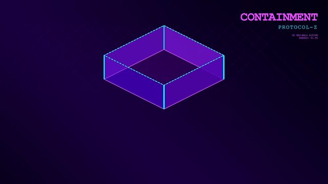 A glowing geofence perimeter rendered in purple light floats within a dark digital void while subtle grid lines shimmer across the vast empty dark purple scene