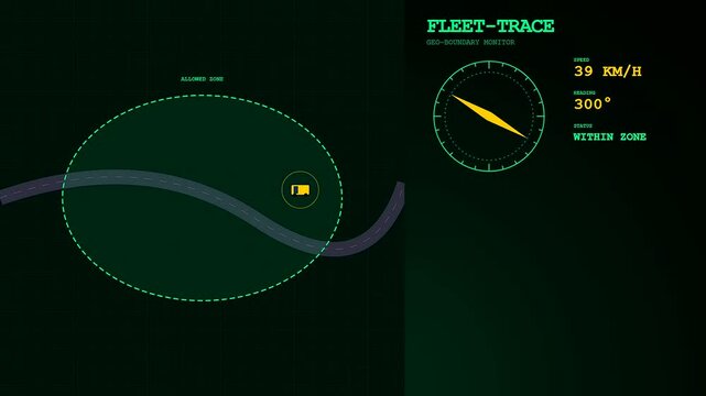 Digital monitoring of a geofence perimeter for logistics tracking showing vehicle speed and compass heading across a green motion graphics interface with a moving truck map