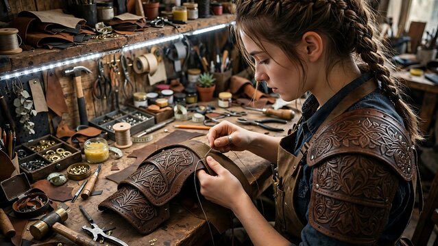 Female Artisan Stitching Carved Leather Armor in Workshop