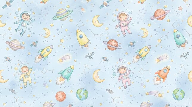 Cute watercolor space pattern with astronauts, planets, and rockets on blue background