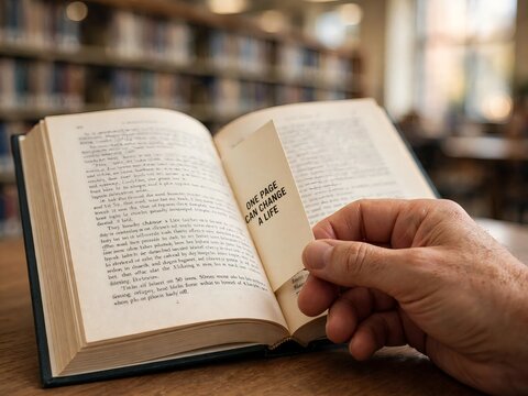 Close-up of a Caucasian man hand turning a page of an open book featuring a bookmark with the text one page can change a life inside a blurred library setting