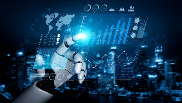 A robotic hand interacts with advanced data visualization in a digital landscape, showcasing high-tech analytics and urban city lights in the background. Scalp