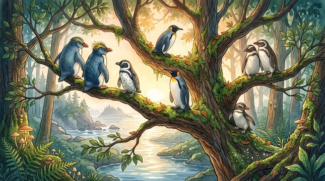 Penguins in tree