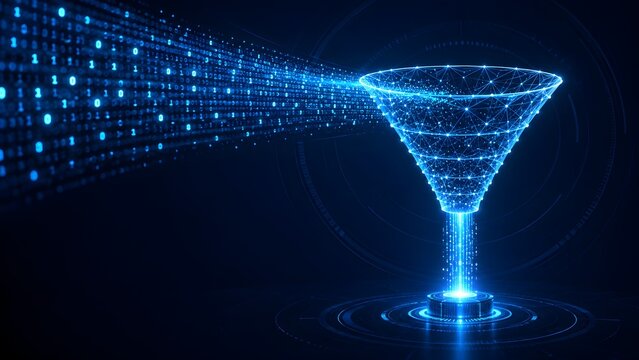 Glowing blue wireframe funnel filtering streams of binary code and digital information representing algorithm processing, machine learning, and data extraction.