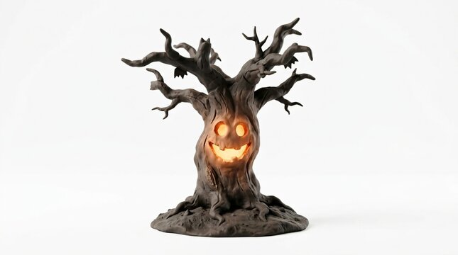 Spooky illuminated Halloween dead tree decoration with glowing carved jack o lantern face smiling on a clean white background studio shot