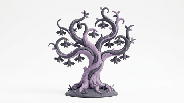 A detailed 3D printed miniature of a spooky fantasy tree featuring glowing purple tones, designed for tabletop roleplaying games and hobbyists