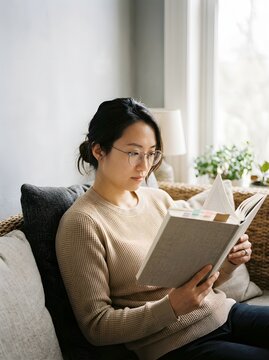 Young Asian woman wearing eyeglasses sitting on sofa and reading book at home