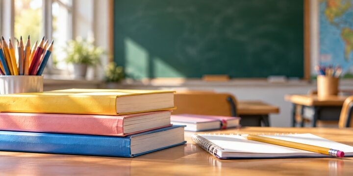 colorful textbooks, spiral notebook and pencil on wooden classroom desk with green chalkboard and pencil cup