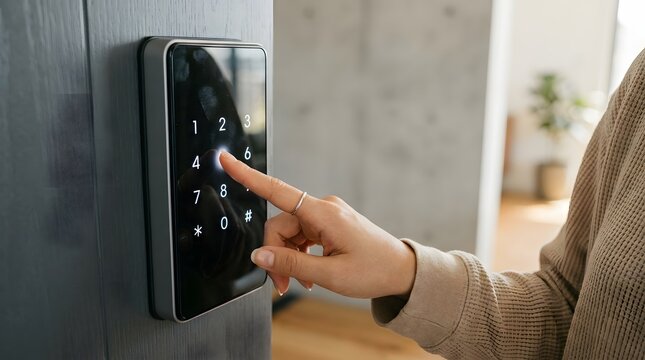 Woman tapping illuminated pin code on electronic digital keypad lock at home entrance