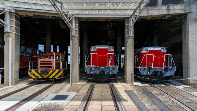 Old trains stored at the roundhouse and turntable depot