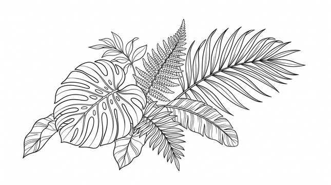 Tropical leaves line art