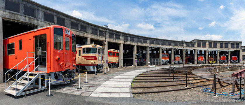 Old trains stored at the roundhouse and turntable depot