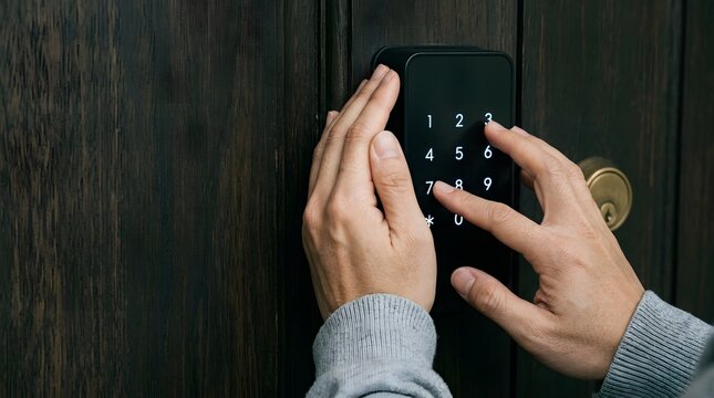 Person entering secret pin code on black electronic smart lock keypad at dark wooden entrance
