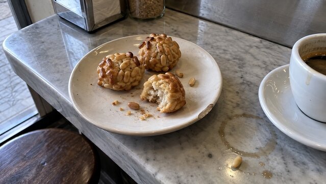Three baked goods, resembling cookies or scones, are arranged on a small white plate resting on a mottled gray stone counter surface, next to a white cup of coffee
