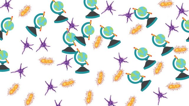 Seamless Educational Pattern with World Globes and Microscopic Biological Cells