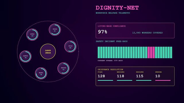 Digital displays showing ethicalsourcing metrics and labor statistics in a complex interface featuring animated progress bars and neon illuminated circular charts against a dark violet background