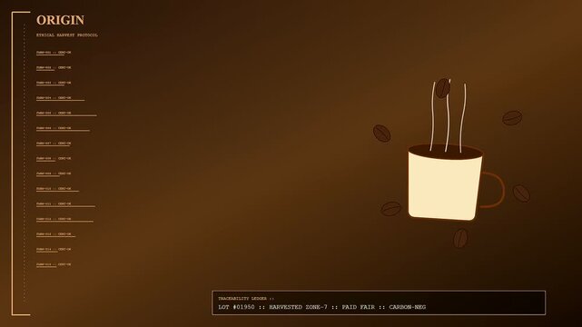 Ethical sourcing visual display featuring a coffee cup steaming with hovering beans against a deep warm brown gradient background for digital beverage menu design presentation
