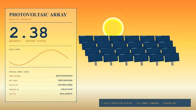 Ethicalsourcing data displays illustrate modern renewable energy power grid systems during a transition from day to dusk with solar panels showing live performance metrics on screens
