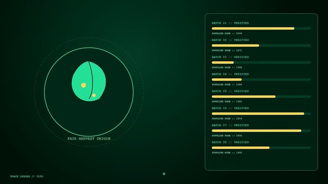 Digital displays showcasing ethicalsourcing progress through animated lists and bean iconography for supply chain transparency tracking in a stylized dark interface for corporate monitoring systems