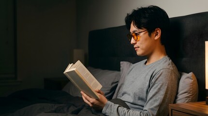 Obraz premium Asian man wearing blue light blocking glasses reading book in bed at night