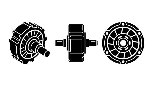 Mechanical gears circular industrial components shown from different perspectives isolated on background, for engineering