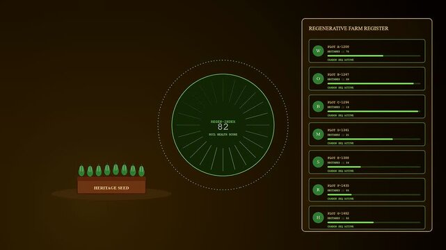 A digital representation of Ethicalsourcing displayed through a sequence of agricultural data interfaces featuring growing plant icons and fluctuating health metrics on a dark screen
