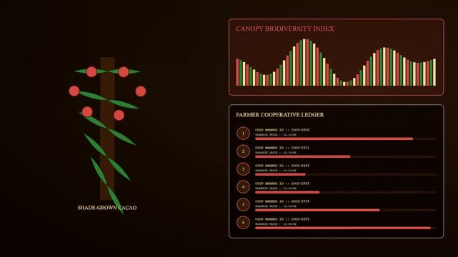 A digital representation of ethicalsourcing practices shown through animated cocoa plant growth charts and interactive ledger lists displayed in a modern dark themed user interface environment